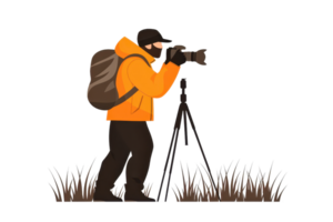 A photographer in an orange jacket captures images using a camera mounted on a tripod, surrounded by grass. png