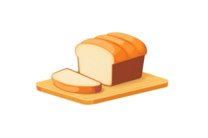 A loaf of sliced bread on a cutting board, with one slice cut away, showcasing its soft texture and golden crust. png
