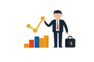 A businessman in a suit holds a rising graph, symbolizing growth and success, alongside colorful bar charts and a money bag. png