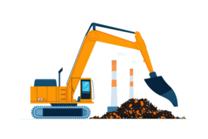 An orange excavator with a large bucket, positioned near a pile of dirt and construction site elements. png