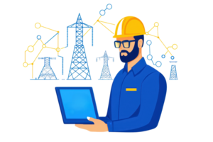 A man in a hard hat analyzes data on a tablet, surrounded by illustrations of power towers and energy graphs. png
