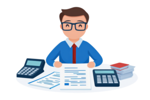 A cartoonish man in glasses sits at a desk surrounded by documents and calculators, symbolizing finance and accounting. png