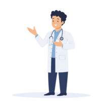 A cheerful male doctor in a white coat with a stethoscope, gesturing as if explaining something to a patient. png