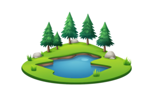 A serene island scene featuring a tranquil pond surrounded by lush green grass, rocks, and tall pine trees. png