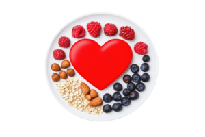 A vibrant plate featuring a heart-shaped red object surrounded by an assortment of fresh fruits and nuts. png