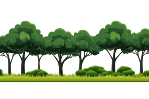 Lush green trees line the scene, with dense foliage and varying heights, complemented by grassy patches. png
