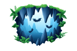 A cave entrance surrounded by lush greenery, featuring bats flying in a mysterious, blue-toned environment. png