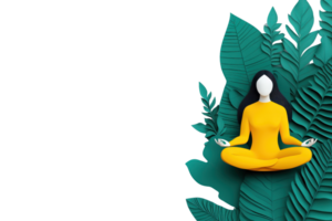 A meditative figure in yellow sits cross legged against a backdrop of vibrant green leaves, embodying tranquility and mindfulness. png