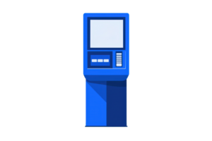 A simple blue kiosk with a screen and buttons, designed for interactive user engagement. png