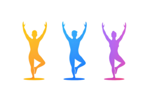 A vibrant display of three stylized silhouettes in different colors, each striking a dynamic pose, emphasizing movement and balance. png