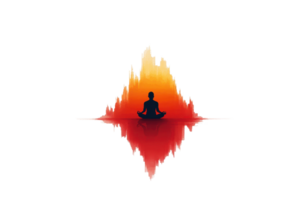 A meditative figure sits in lotus position, surrounded by vibrant sound wave patterns in warm colors, symbolizing tranquility and harmony. png