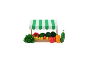 A colorful market stand displays an array of fresh vegetables, including lettuce, peppers, and tomatoes, under a striped awning. png