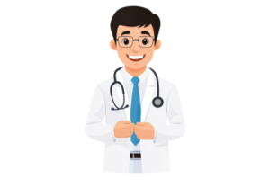 A cheerful doctor in a white coat with a stethoscope, smiling and standing with hands clasped. png