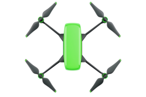 A sleek, green drone featuring four propellers designed for aerial maneuverability and high-tech functionality. png