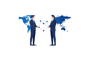 Two business professionals engage in a handshake against a world map backdrop, symbolizing global collaboration and partnership. png