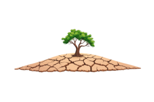 A solitary tree stands atop a cracked, dry mound, symbolizing resilience in a harsh environment. png