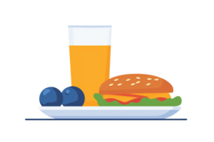 A hamburger with melted cheese, lettuce, and a side of blueberries served with a glass of golden beer on a white plate. png