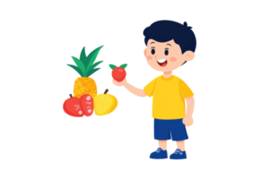A cheerful boy holds an apple next to a colorful assortment of fruits, including a pineapple, strawberries, and a lemon. png