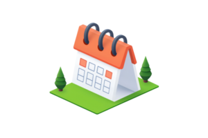 A stylized calendar with a vibrant orange top and spiral binding, set on a green base with miniature trees. png