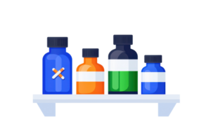 A row of colorful bottles on a shelf, featuring various designs and sizes, suggesting a collection of liquids or medications. png