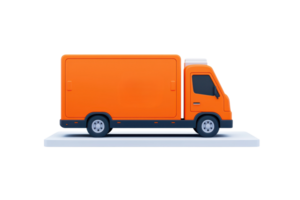A bright orange delivery truck in profile view, featuring a boxy design with distinct wheels and a simple, functional appearance. png