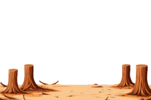 The image depicts a barren landscape with tree stumps on a sandy ground, emphasizing deforestation and environmental impact. png