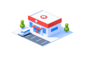 A small, modern hospital building with a red cross symbol, featuring large windows, a parking area, and surrounded by green trees. png