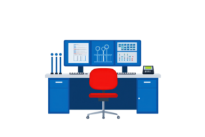 A modern workstation featuring dual monitors, a red ergonomic chair, and a blue desk with various tools and controls. png