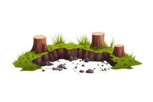 A cluster of tree stumps surrounded by grass and a dark, rocky hole in the ground, suggesting an area of disturbance or excavation. png