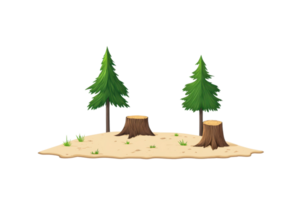 Two green trees and two tree stumps on a small patch of sandy ground, showcasing a natural scene. png