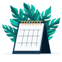 A stylish desk calendar displayed with decorative green leaves, featuring a blank grid layout for scheduling. png