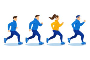 A sequence of four stylized figures running, showcasing different attire and motion dynamics. png