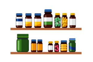A collection of assorted jars and bottles, including vitamins and supplements, neatly arranged on wooden shelves. png