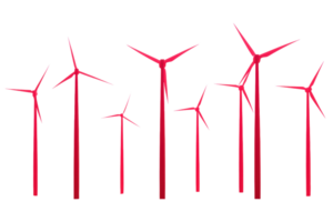 A collection of wind turbines in a striking red color, arranged in varying heights. png