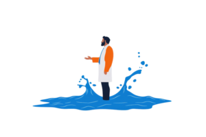 A man in an orange and white outfit stands in a pool of water, gesturing with one hand, surrounded by splashes. png