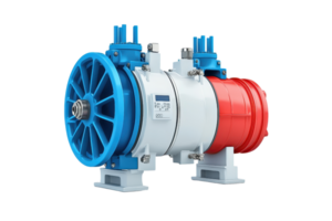 A multi-colored pump featuring blue and red components with a central white body, designed for fluid transfer applications. png