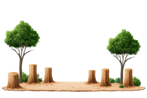 A pair of leafy trees flanks several tree stumps arranged on a sandy surface, creating a natural setting. png