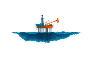 An oil rig extracting resources from beneath the ocean, featuring a drilling apparatus and connected pipelines. png