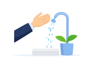 A hand is watering a green plant using a faucet, demonstrating care and nurturing of indoor plants. png