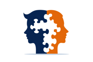 Two stylized profiles in contrasting colors, representing unity and connection through interlocking puzzle pieces. png