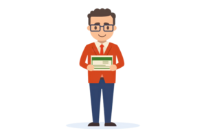 A smiling man in a red blazer holds a document, exuding a friendly and professional demeanor. png