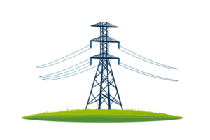 A tall power transmission tower with multiple wires extending from it, set on a grassy base. png