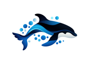 A stylized orca design with flowing blue hues and bubbles, showcasing its elegance and grace in a modern artistic representation. png