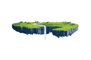 A lush, green floating island features a cascading waterfall, showcasing a serene, natural landscape with a unique geological formation. png