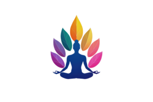 A meditative figure surrounded by vibrant, colorful leaves, symbolizing peace and tranquility in a serene pose. png