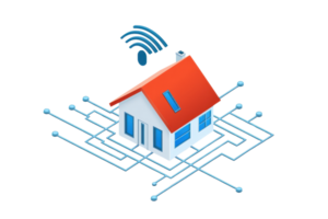 A modern, stylized house with a red roof and blue windows, surrounded by network lines and a wireless signal icon. png