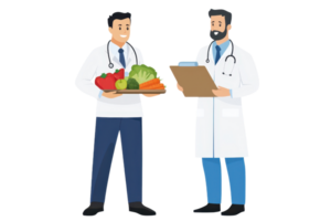 Two doctors discussing health, one holding a tray of fresh vegetables and fruits, while the other has a clipboard. png