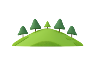 A stylized green hill featuring several geometric trees of varying heights arranged harmoniously on its surface. png