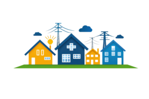 A colorful illustration of houses with various designs, featuring power lines and clouds in a vibrant, stylized representation. png