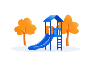 A colorful playground slide structure featuring a blue slide and playhouse design, accompanied by orange trees. png
